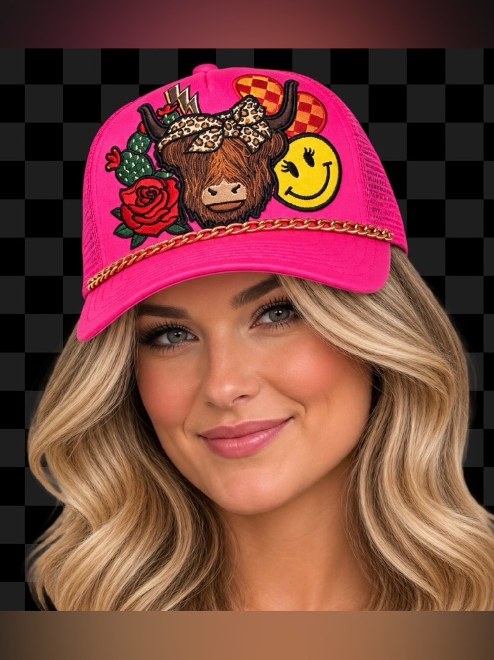 NWT Western Embroidered Patch Hot Pink Snap Back Mesh Trucker Hat